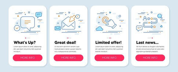 Set of Business icons, such as Touchscreen gesture, Text message, Open mail symbols. Mobile screen banners. Journey path line icons. Click hand, Chat bubble, View e-mail. Project process. Vector