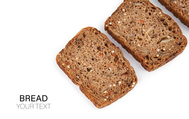 Loaf Of Whole Grain Bread. Detailed close-up of sliced grain bread on white background. Homemade healthy bread. Bakery - gold rustic crusty loaves of bread and buns. Flat lay. Food concept. 
