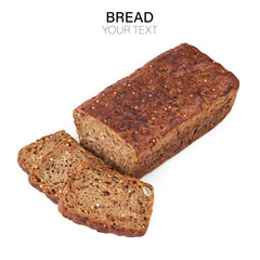 Loaf Of Whole Grain Bread. Detailed close-up of sliced grain bread on white background. Homemade healthy bread. Bakery - gold rustic crusty loaves of bread and buns. Flat lay. Food concept. 