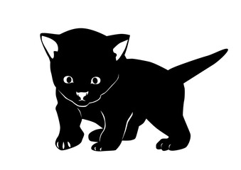 Kitten. Black and white silhouette of a little sneaking kitten. Flat vector.