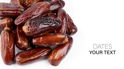 Creative layout made of dried dates. Flat lay. Food concept. Fruits dates. Dates Palm fruit isolated on white. Dried fruits. Healthy diet.