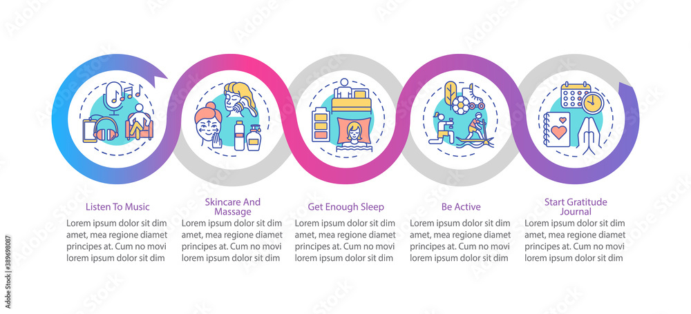 Wall mural self care practices vector infographic template. skincare and massage presentation design elements. 