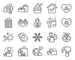 Holidays icons set. Included icon as Elephant on ball, My love, Snowflake signs. Say yes, Shopping bag, Fireworks symbols. Gifts, Hold heart, Sale. Love ticket, Ice cream, Creative idea. Vector