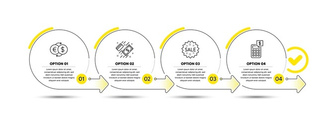 Money exchange, Sale and Payment line icons set. Timeline process infograph. Calculator sign. Eur to usd, Shopping star, Money. Finance set. Infographics timeline banner. 4 steps plan diagram. Vector