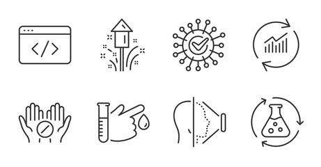 Coronavirus, Blood donation and Seo script line icons set. Medical tablet, Update data and Face id signs. Fireworks, Chemistry experiment symbols. Quality line icons. Coronavirus badge. Vector