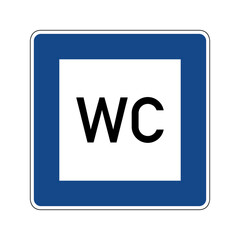 Public toilet road sign. Vector illustration of blue square traffic sign with text WC inside. Restroom symbol isolated on white background. Lavatory sign used in Germany.