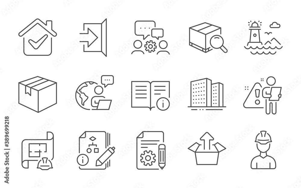 Poster documentation, lighthouse and send box line icons set. algorithm, technical info and parcel signs. s
