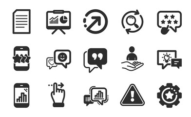 Star, Graph chart and Ranking star icons simple set. Direction, Presentation and Smile signs. Touchscreen gesture, Document and Quote bubble symbols. Idea lamp, Search and Graph phone. Vector