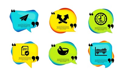 Paper plane, 48 hours and Cooking mix icons simple set. Speech bubble with quotes. Intersection arrows, Insurance policy and Column diagram signs. Airplane, Delivery service, Bowl. Vector
