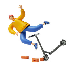 3d render, cartoon character young man wears yellow hoodie and blue trousers, falls from electric kick scooter. Unsafe driving. Dangerous urban transport clip art isolated on white background