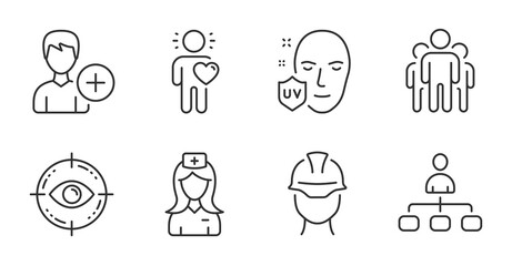 Hospital nurse, Add person and Group line icons set. Eye target, Friend and Management signs. Uv protection, Foreman symbols. Medical assistant, Edit user data, Managers. People set. Vector