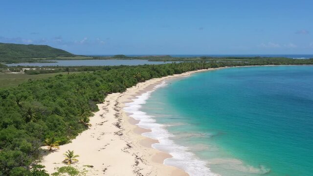 Popular beach les Salines in Martinique soft white sand and calm sheltered water aerial view sunny day