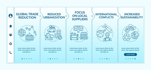 Reverse globalization phenomenon onboarding vector template. Reduced urbanization. Increased sustainability. Responsive mobile website with icons. Webpage walkthrough step screens. RGB color concept