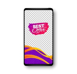 Best offer banner. Phone mockup vector banner. Discount sticker shape. Sale coupon bubble icon. Social story post template. Best offer badge. Cell phone frame. Liquid modern background. Vector