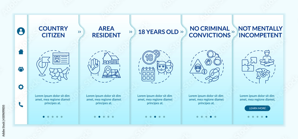 Poster online voting system onboarding vector template. country citizen. no criminal convictions. area resi