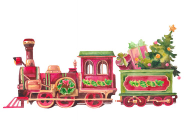 Santa express carriage with a Christmas tree and gifts. Watercolor Christmas illustration. © Elena M.