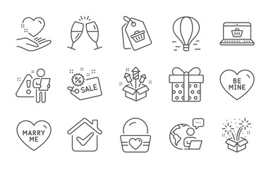 Champagne glasses, Ice cream and Be mine line icons set. Sale, Marry me and Fireworks signs. Fireworks rocket, Sale tag and Hold heart symbols. Online shopping, Air balloon and Gift box. Vector