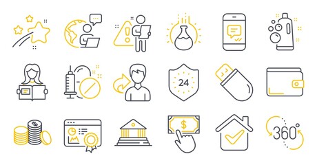 Set of Business icons, such as 24 hours, Payment click, Share symbols. Banking money, Usb stick, Clean bubbles signs. Chemistry experiment, Court building, Medical drugs. Money wallet. Vector