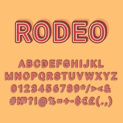 Rodeo vintage 3d vector alphabet set. Retro bold font, typeface. Pop art stylized lettering. Old school style letters, numbers, symbols pack. 90s, 80s creative typeset design template