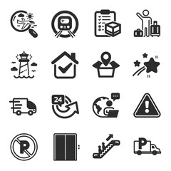 Set of Transportation icons, such as Escalator, Lift, Lighthouse symbols. Truck delivery, Search flight, Airport transfer signs. 24 hours, Metro subway, Truck parking. Package location. Vector