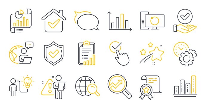 Set of Education icons, such as Certificate, Talk bubble, Time management symbols. Internet search, Checkbox, Recovery computer signs. Checklist, Graph chart, Confirmed. Business idea. Vector