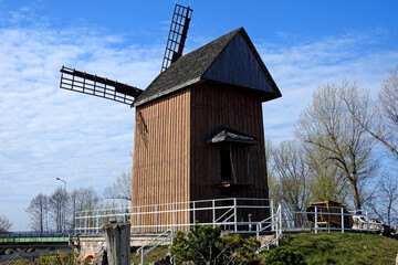 Grain mill Kozlak windmill standing by the Bug River in the village of Brok in Masovia, Poland on a...