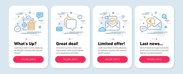 Set of Technology icons, such as Confirmed mail, Messenger, Seo shopping symbols. Mobile app mockup banners. Euro money line icons. Verified email, Speech bubble, Analytics. Receive cash. Vector