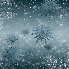 Beautiful turquoise Christmas background with snowflakes and falling snow flakes.