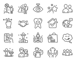 People icons set. Included icon as Eye laser, Handshake, Augmented reality signs. Winner, Couple, Winner cup symbols. Dental insurance, Bitcoin pay, Hold t-shirt. Touchscreen gesture. Vector