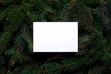 Christmas tree branches with white paper card note. Nature New Year concept. Merry Christmas card, background. Congratulations, holidays, celebration. Mock up, copy space, flat lay.