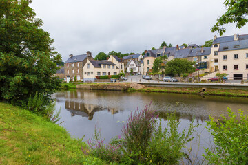 Fototapeta na wymiar Josselin, France. Scenic landscape with the L'Oust river