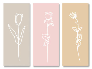 Collection of boho hand drawn line art  flowers on pastel background set. Linear vector illustration, cartoon doodle minimal style.