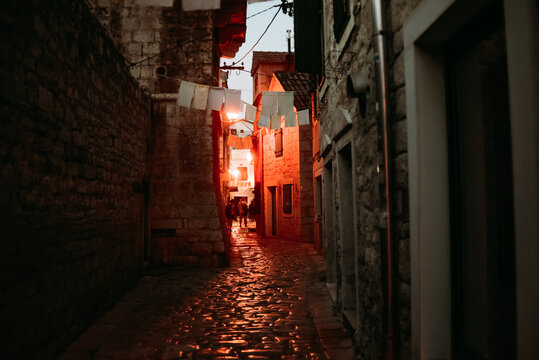 Fototapeta Night streets of Vodice city, Croatia. Tourist city center