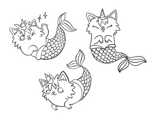 Set of hand drawn Mercaticorn, Cute cartoon mermaid cat with unicorn horn in different poses on  isolated on white background. Linear vector illustration, cartoon doodle style.