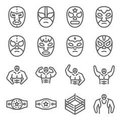 Wrestling icon illustration vector set. Contains such icon as wrestle, wrestling, Bodybuilding, Championship, Belt, Bodybuilder, and more. Expanded Stroke