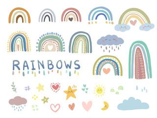 Set of hand drawn rainbows with hearts, clouds, rain, star, sun and moon in childish, Isolated on white background. Vector illustration, Cartoon doodle style.