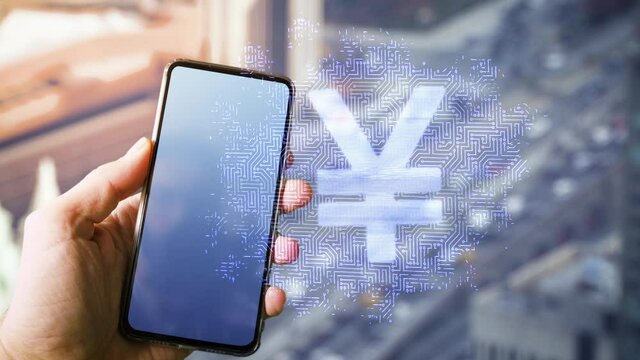 Smartphone with yuan digital currency, concept of China digital Renminbi project, online payment, currency security and encryption