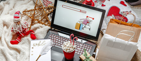 Christmas holidays, online shopping at home and lockdown coronavirus.Christmas online shopping,...