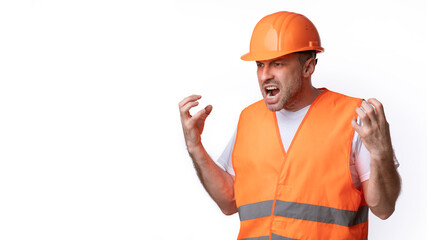 Mad Construction Worker Shouting Emotionally Standing Over White Background, Panorama