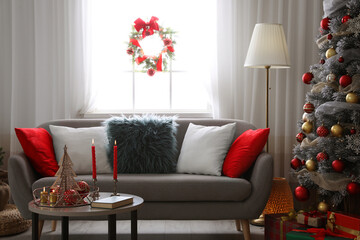Beautiful living room with Christmas decor. Festive interior