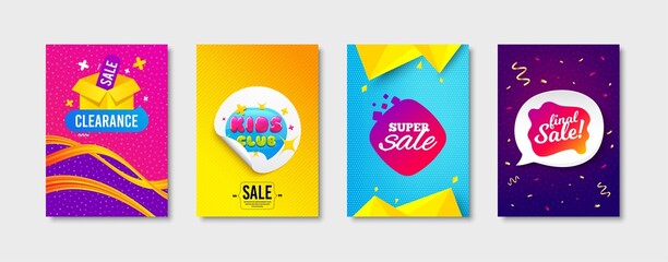 Kids club, Super sale and Clearance sale promo label set. Sticker template layout. Playing zone, Discount shape, Offer label. Promotional tag set. Speech bubble banner. Kids club flyer design. Vector