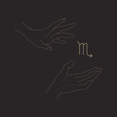 Hands hold scorpio zodiac glyph. Gesture shows astrological symbol. Isolated outline abstract composition on black. Vector illustration for your horoscope, logo,icon,tattoo,print. Modern witch concept
