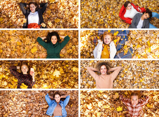 Collage Top view, Portrait of a beautiful young women on the background of autumn yellow leaves