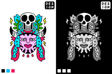 Ancient head and skeleton in hype style. illustration for t shirt, poster, logo, sticker, or apparel merchandise.