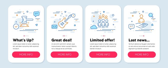 Set of Education icons, such as Group people, Electric guitar, Judge hammer symbols. Mobile screen mockup banners. Recruitment line icons. Business meeting, Musical instrument, Judgement. Hr. Vector