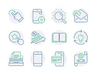 Technology icons set. Included icon as Seo phone, Rotation gesture, Online shopping signs. Idea, Smartphone, Book symbols. Search, Receive mail, Typewriter. Loyalty star, Loan percent. Vector