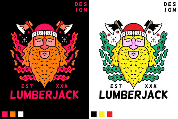 Vintage hipster lumberjack with crossed axes behind the man in beanie, with beard and mustache. illustration for poster, logo, sticker, or apparel merchandise.