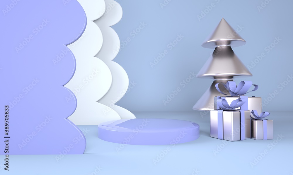 Poster christmas background with christmas tree and stage for product display. 3d rendering.