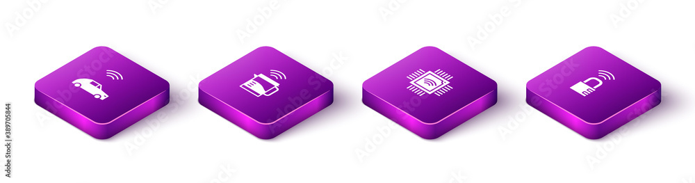 Poster set isometric smart car system with wireless, electric kettle, processor microcircuits cpu and safe 