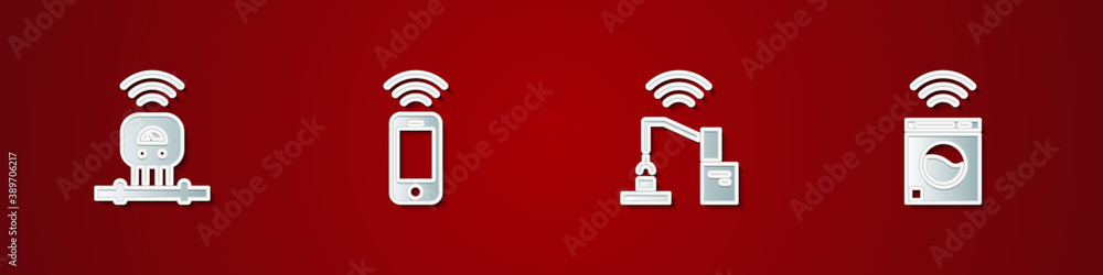 Poster set smart sensor, wireless smartphone, robotic robot arm hand factory and washer icon. vector.